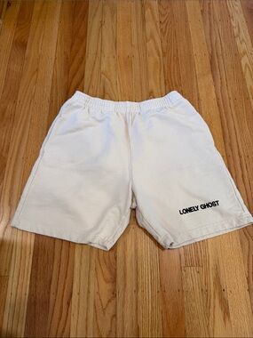 LONELY GHOST Cream Cotton Athletic Shorts with Logo